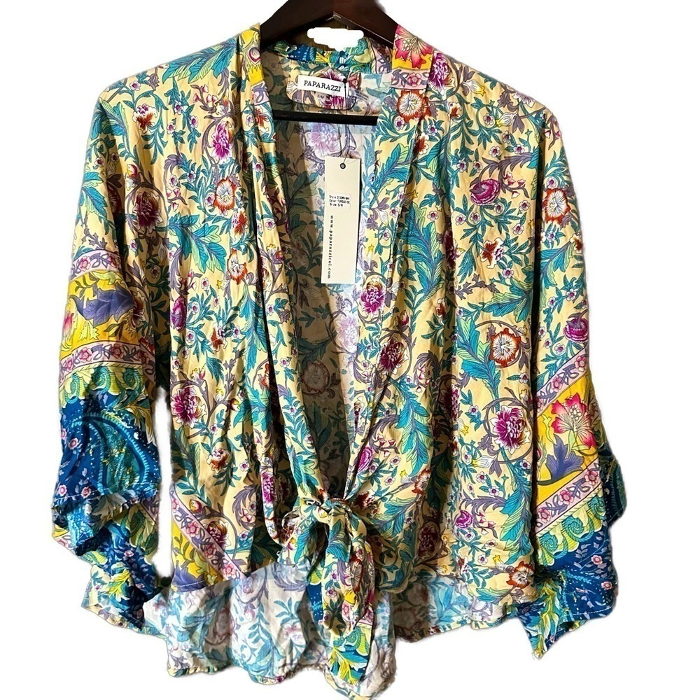 Paparazzi Yellow Blue Tapestry Floral Viscose Shoulder Shrug Sweater Sz S/M NWT